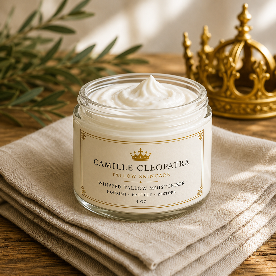 Whipped tallow moisturizer in glass jar on folded linen with gold crown accent.