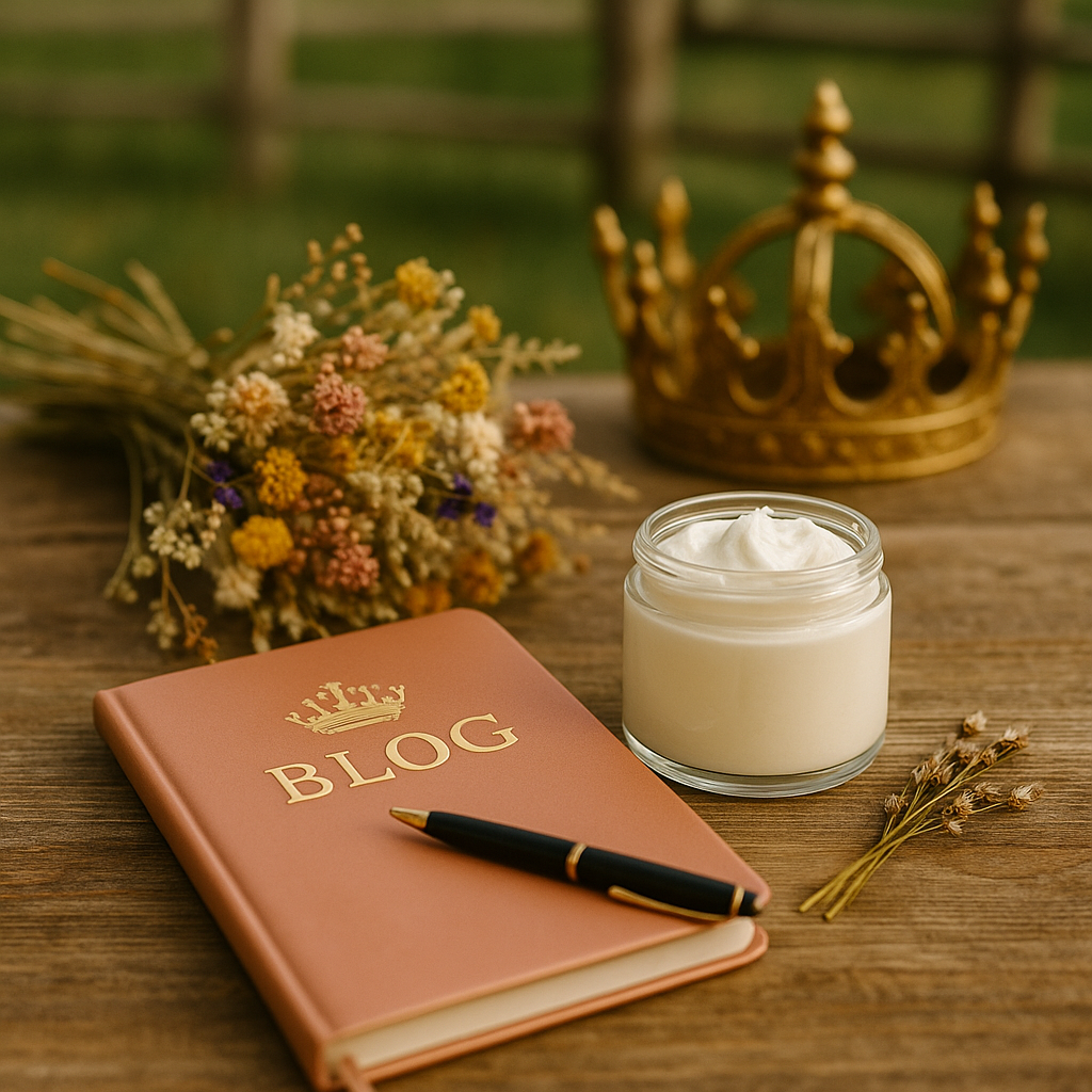 Whipped tallow moisturizer in glass jar beside journal and gold crown on rustic wood.