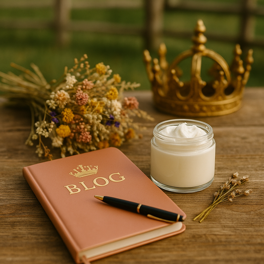 Whipped tallow moisturizer in glass jar beside journal and gold crown on rustic wood.